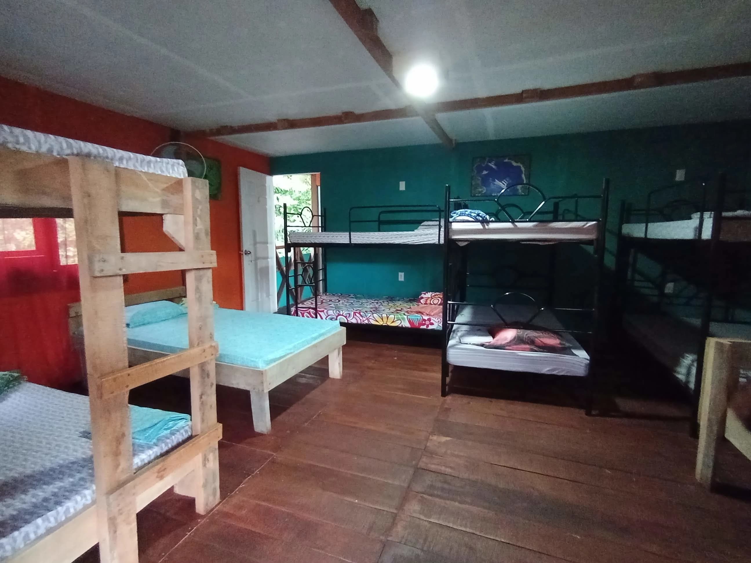 A clean communal room with several bunk beds for travelers.